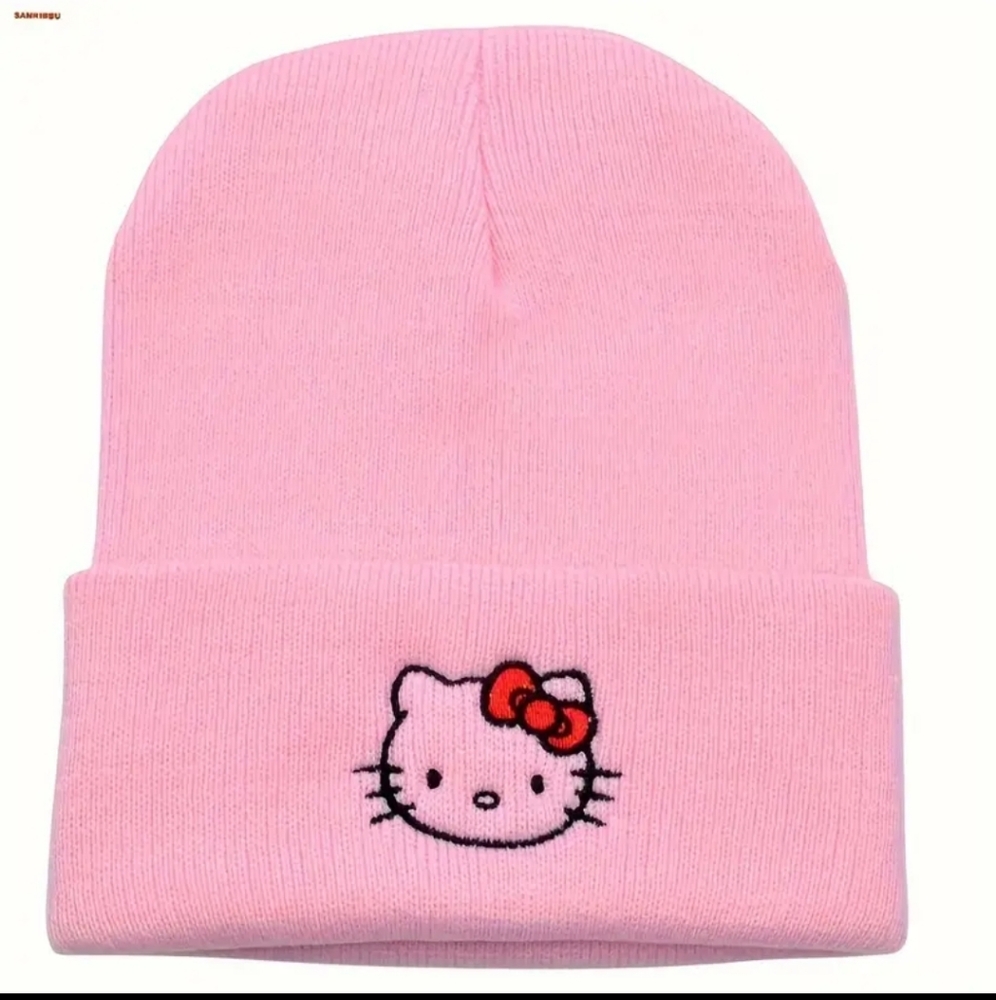 Hello Kitty Embroidered Beanie Cozy Knit Skull Cap for Women Pink Red Bow